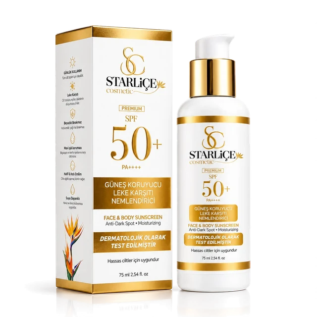Starliçe SPF 50+ kutusu ve 75 ml pompalı şişesi