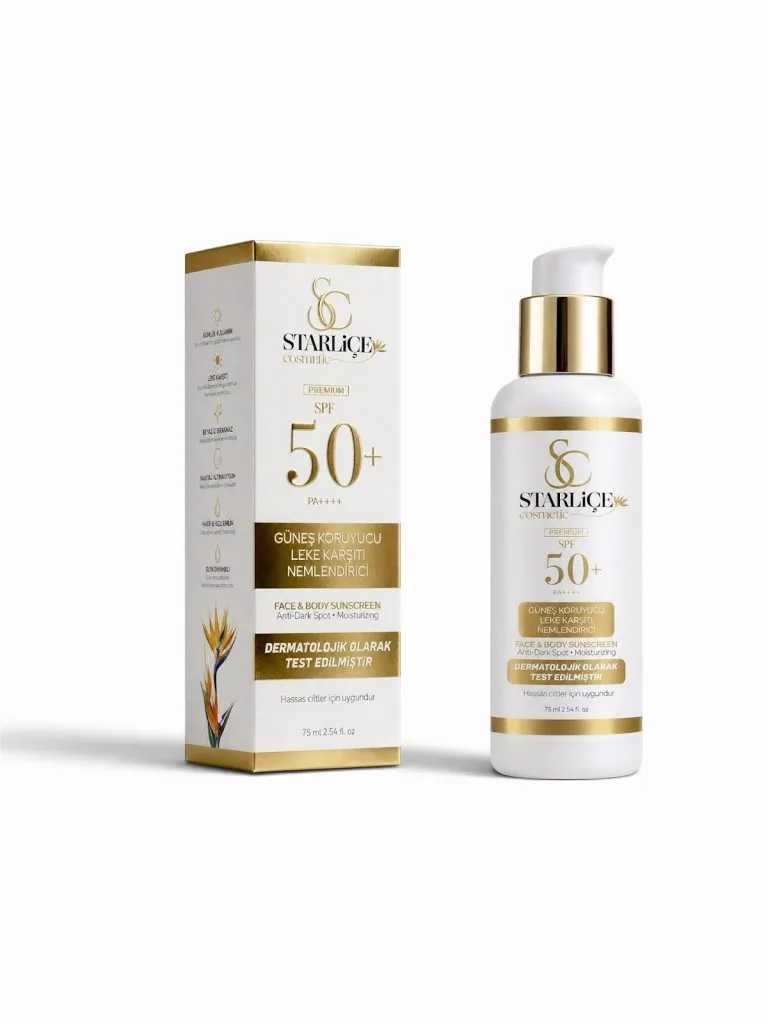Starliçe SPF 50+ — Kutu ve şişe — dikey kadraj