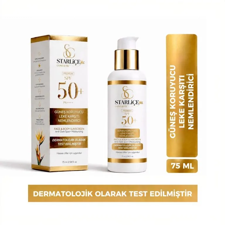 Starliçe SPF 50+ — Kutu ve şişe ile bilgi görseli